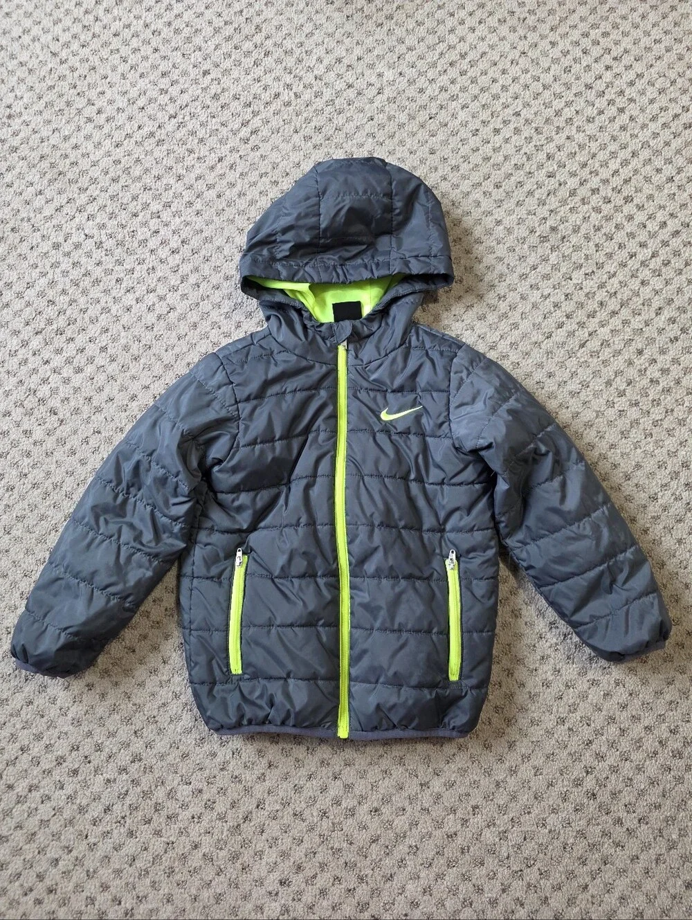 Nike Kids Gray Puffer Jacket with Neon Yellow Green Trim